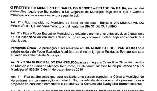 Imagens da LEI CRIA DIA DO EVANGÉLICO EM BARRA DO MENDES