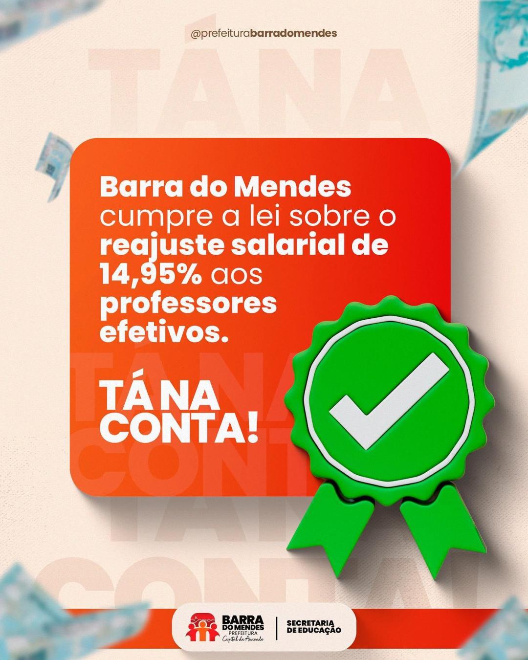 Barra do Mendes cumpre a lei sobre o reajuste salarial de 14,95% aos professores efetivos.