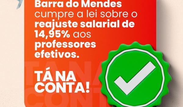 Barra do Mendes cumpre a lei sobre o reajuste salarial...